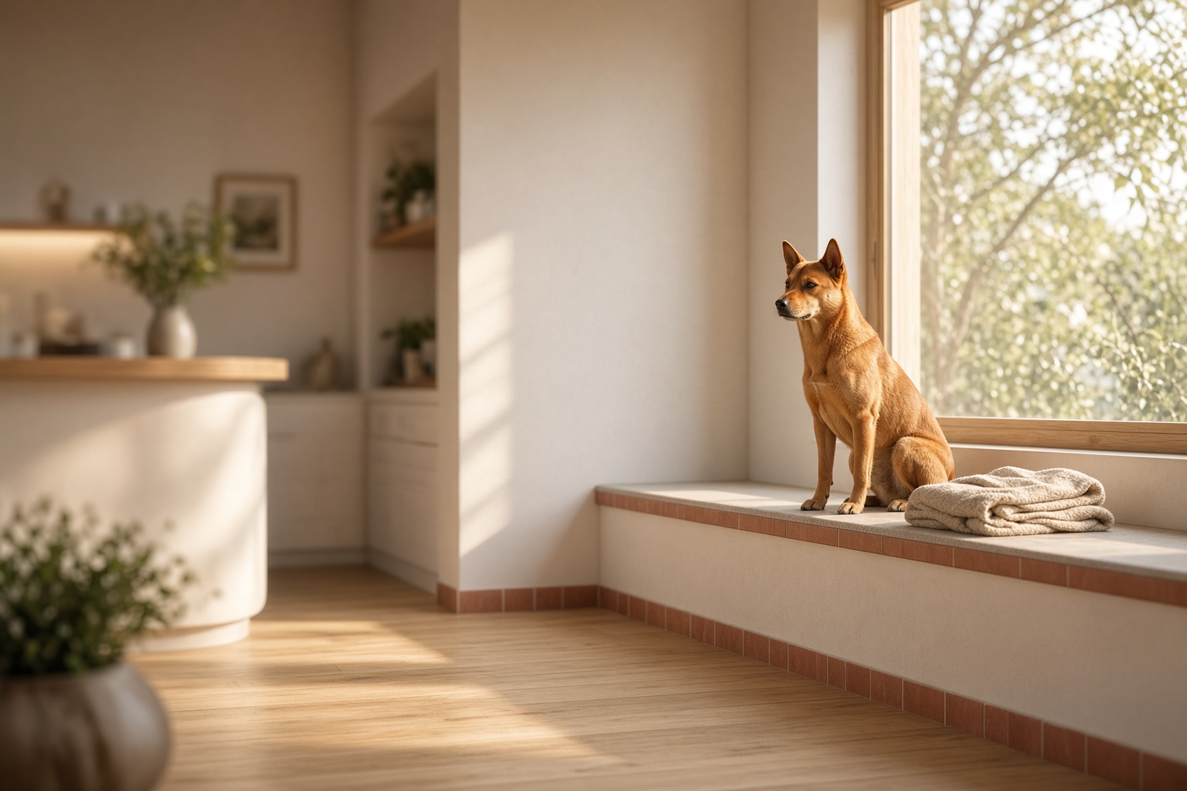 A calm kelpie sitting in warm afternoon light beside a folded towel
