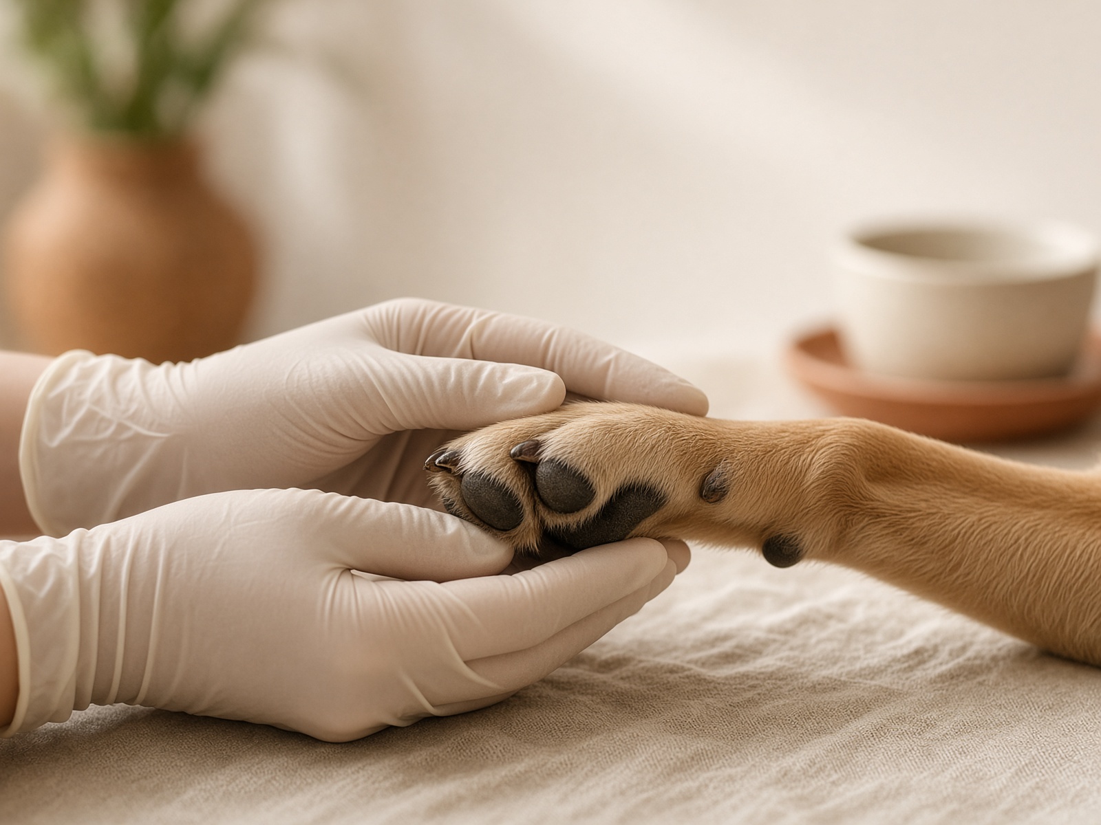 Gloved hands gently holding a dog’s paw