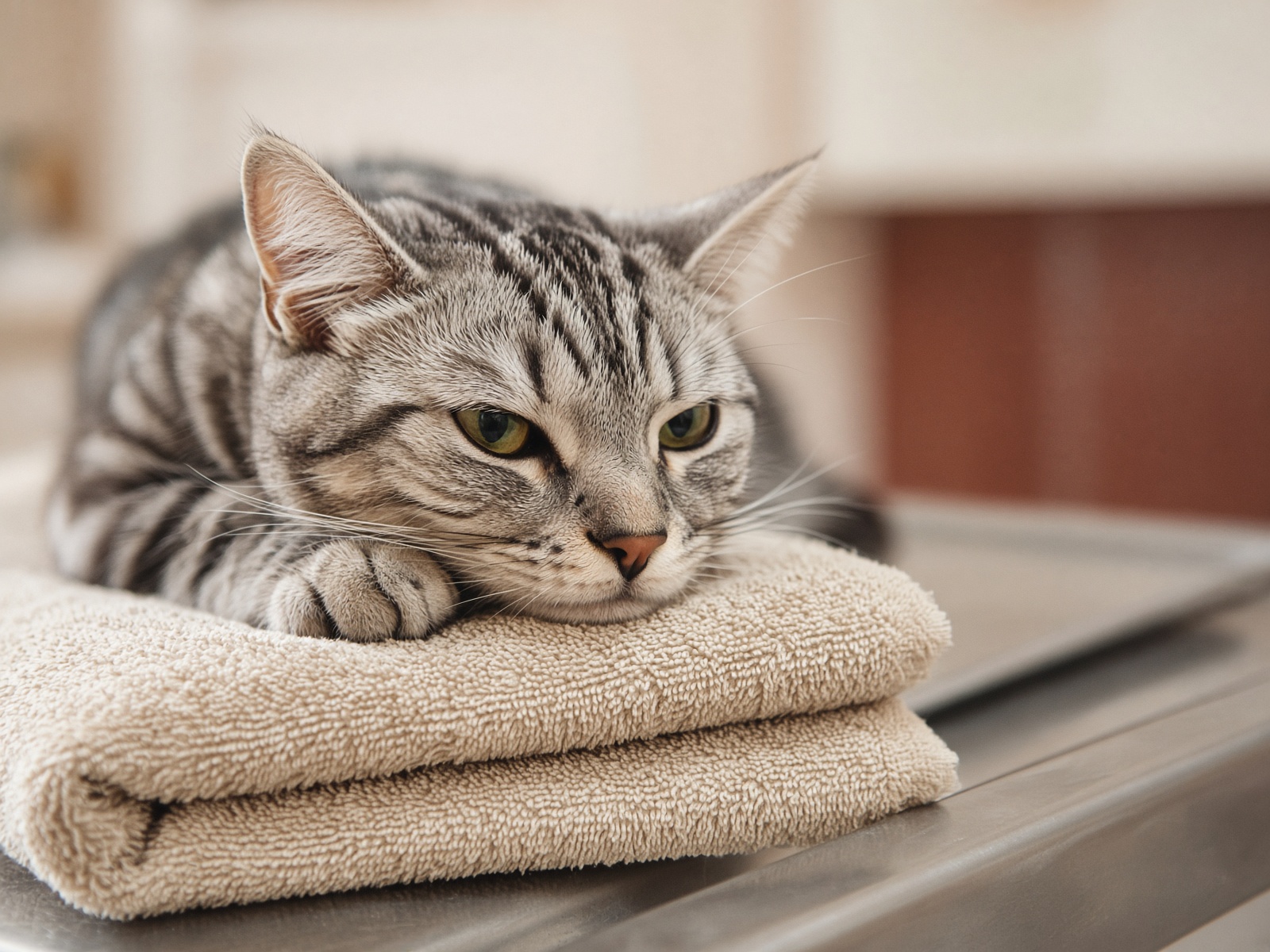 A silver tabby resting on a folded towel